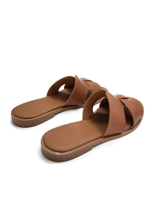 Leather Women's Flat Sandals in Tabac Brown Color