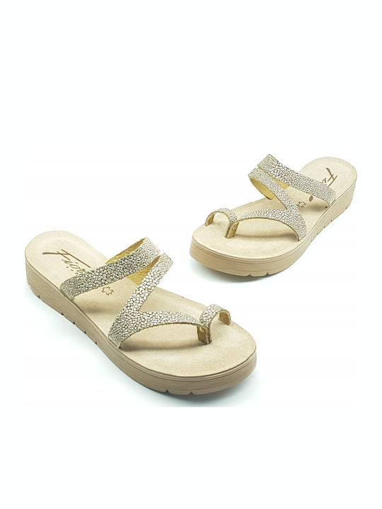 Leather Women's Flat Sandals in Gold Color