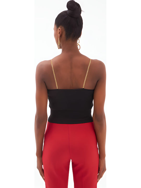 Negru Top Cropped cu Lanț de Aur – Look Sexy Pentru Ieșire De Seară One Size