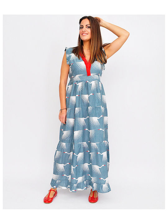 Damen Maxi Ärmelloses Kleid Handgefertigt 100% Baumwolle Blau Damen Maxi Ärmelloses Kleid Handgefertigt 100% Baumwolle Blau