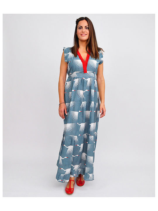 Damen Maxi Ärmelloses Kleid Handgefertigt 100% Baumwolle Blau
