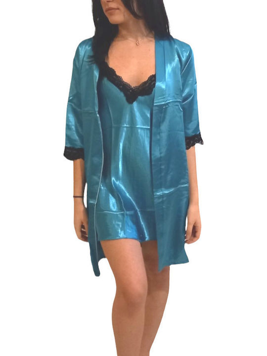 Satin Blue Short Sleeve Robe Set Nightgown with Straps