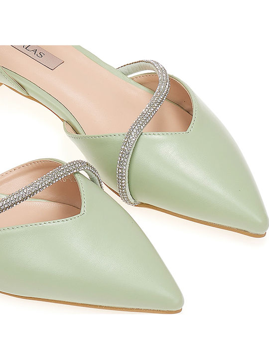Green Leather Pointed Toe Mules With Strap Rhinestones 491739green