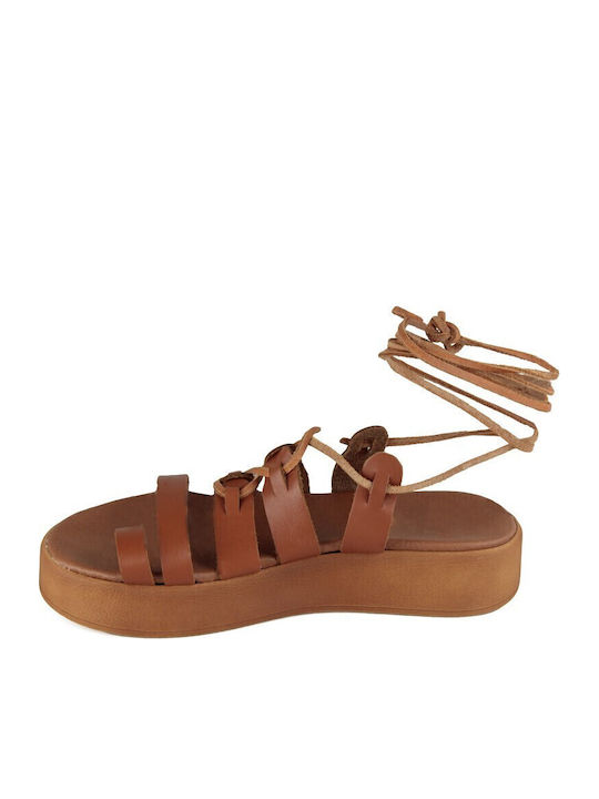 Camel Δερμάτινο Χειροποίητο Flatform Σανδάλι Λουράκια