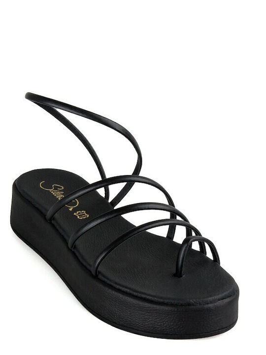 Sandale Flatform Din Piele Neagră Handmade