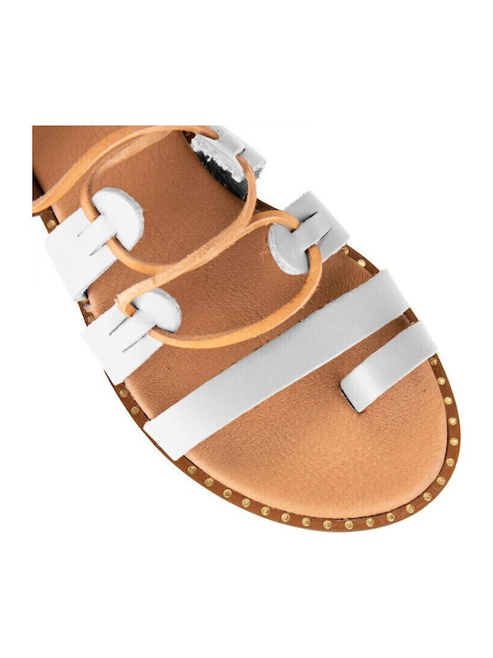 Sandale Casual Damă din Piele Albă Handcrafted cu Șireturi și Bile