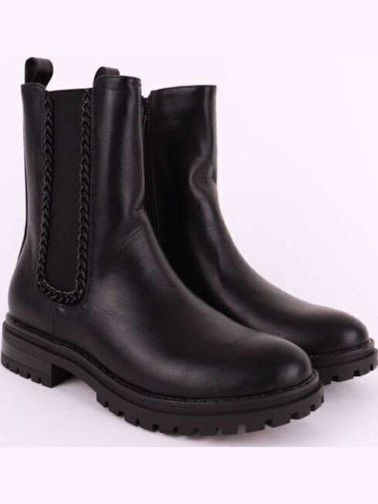 Women's Combat Boot Elastic Chain Leatherette Martin Pescatore Mp367-5 Black