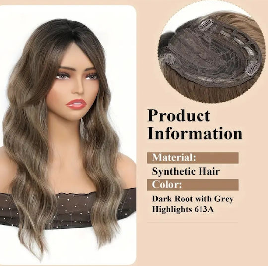 Topper Toupee De Păr Pentru Femei Cu Clip Suprafață Mare Culoare Castaniu Gri Cu Reflexii 18 Inch
