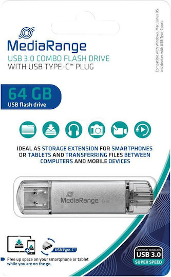 Mediarange Usb 3.0 Combo Flash Drive Usb Type C 64gb Silver