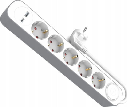 Plastrol Power Strip 5 Positions with 1 USB-A, 1 USB-C, Switch and Cable 3m