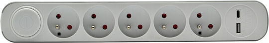 Plastrol Power Strip 5 Positions with 1 USB-A, 1 USB-C, Switch and Cable 3m