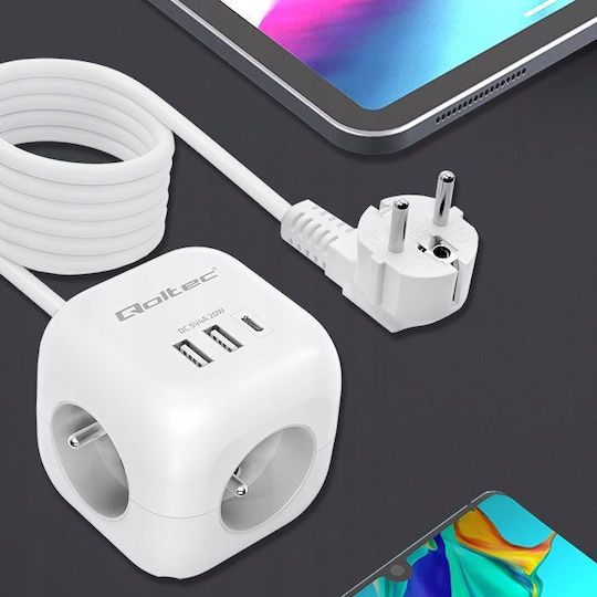 Qoltec Πολύπριζο Aσφαλείας με 2 USB-A, 1 USB-C, Διακόπτη και Καλώδιο 2m
