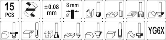 Yato Set 15 Cutter Set Tungsten for Wood 8mm with Bearing 15pcs
