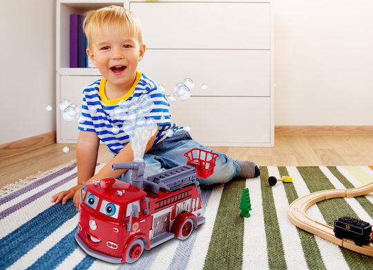 Camion de Pompieri Interactiv Idealstore Bubble Fun Echipat cu un Tun Mobil care Eliberează Bule Funcții de Sunet și Lumină Funcție de Evitare a Obstacolelor