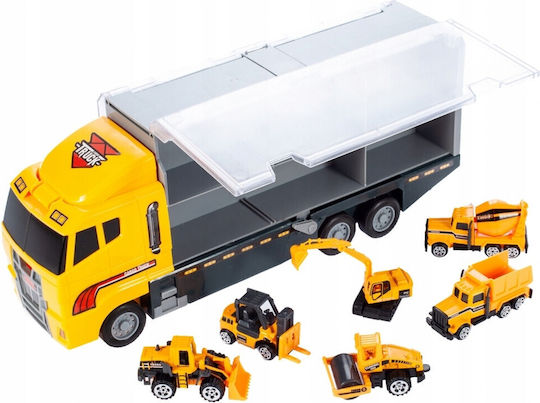 Camion Interactiv cu Remorcă Idealstore Galben Mare Dimensiuni 35 X 9.5 X 15.5 Cm Echipat cu 6 Vehicule de Construcție care Oferă Ore de Distracție și Divertisment