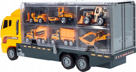Camion Interactiv cu Remorcă Idealstore Galben Mare Dimensiuni 35 X 9.5 X 15.5 Cm Echipat cu 6 Vehicule de Construcție care Oferă Ore de Distracție și Divertisment