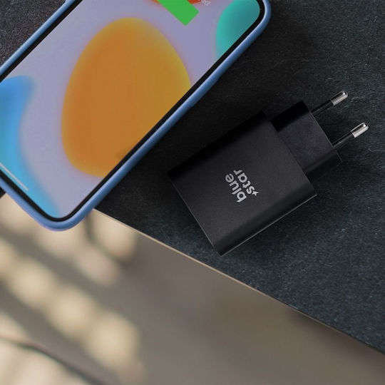 Blue Star Φορτιστής Χωρίς Καλώδιο με Θύρα USB-A και Θύρα USB-C 25W Power Delivery / Quick Charge 4.0 Μαύρος