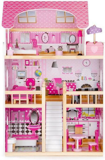 Căsuță de joacă pentru copii Bigshot Bs6391pink 3 nivele 5 camere baie bucătărie terasă lumini LED 17 piese de mobilier 90 x 59 x 30 cm roz