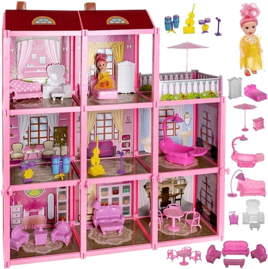 Idealstore Căsuță de Păpuși Poveste Echipată cu 8 Camere și o Terasă Dimensiuni 17x60x65 Cm Include 22 Elemente Mobilier Vilă Ideală pentru Dezvoltarea Comportamentului Social