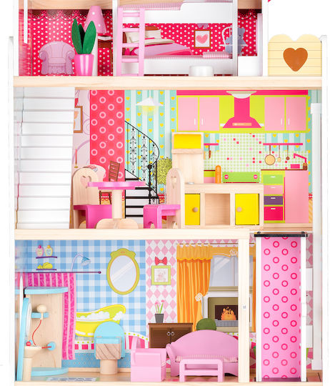 Casă de Păpuși din Lemn cu Lift Idealstore Malibu Residence Dimensiuni Păpuși 90 X 59 X 33 Cm 3 Niveluri Independente Un Total de 5 Camere Include 16 Piese de Mobilier 2 Păpuși Totul Într-un Decor de Basm