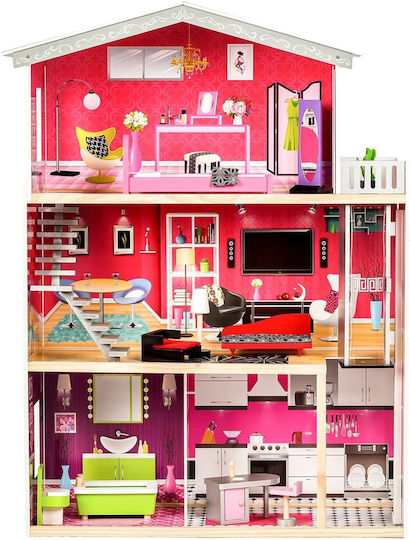 Casă de păpuși din lemn cu lift Idealstore Reședință Aurie Moale Dimensiuni 114 X 32 X 87 Cm 3 Niveluri Componente 4 Camere Design Unic 10 Piese de Mobilier Exclusive Imitând un Spațiu de Joacă Perfect