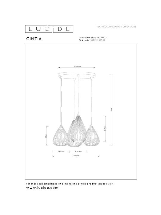 Lucide Lightning Cinzia Pendant Light White for 4 Bulbs E27 55.5x55.5x154cm