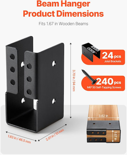 Vevor 24 Pieces Beam Hangers Hidden Beam Hanger 1.93x3.62 Inches/49x92 Mm