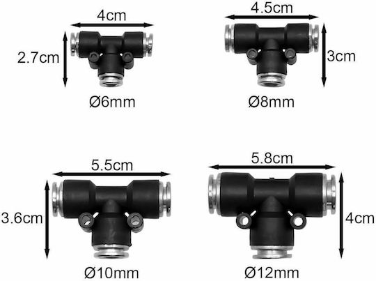 Set of Pneumatic Pipe Tee Air Connectors Pu Pe Nylon Ø6-8-10-12mm Metal-Plastic 4 Pieces W17457-0
