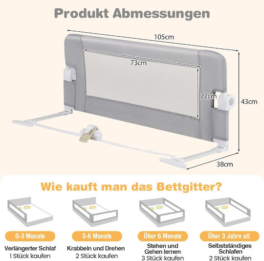 Costway Foldable Bed Rails made of Fabric in Gray Color 105x42cm 1pcs