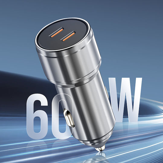 Încărcător auto cu mufă de brichetă Inkax 60w 2x USB-C Încărcare rapidă Design metalic Argintiu