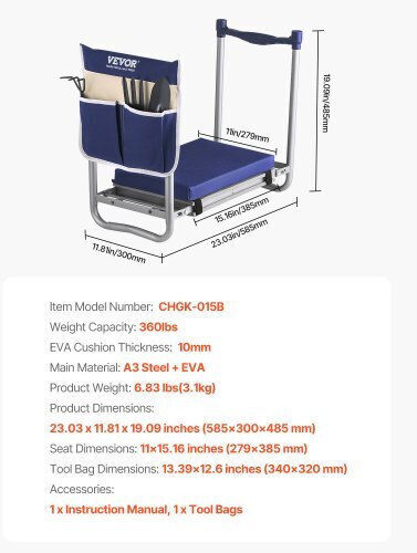 Vevor Garden Kneeler Seat 11" Wide Pad 360lbs Folding Garden Stool Non Slip