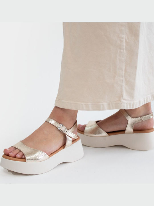 Women's Leather Ankle Strap Platforms Gold