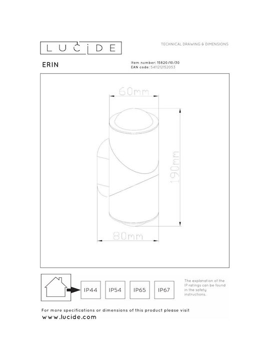 Lucide Lightning Erin Επιτοίχιο Εξωτερικό Σποτ LED IP65 με Θερμό Λευκό Φως