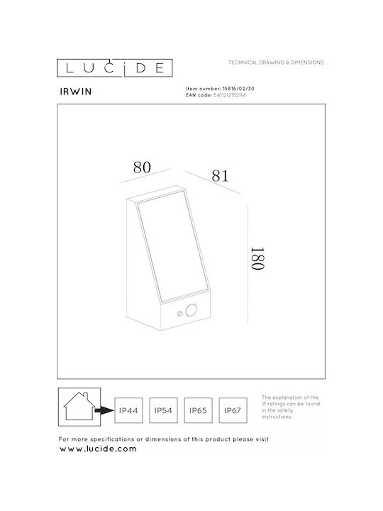 Lucide Lightning Irwin Επιτοίχιο Εξωτερικό Φωτιστικό LED IP54