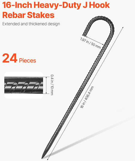 Vevor 16-inch 24 Pack Rebar Stakes Heavy Duty J Hook Galvanized Ground Anchors