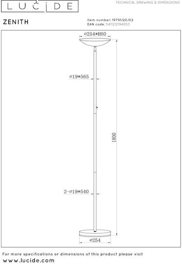 Lucide Lightning Zenith LED Подова Лампа В180xД25.4см. Жълт