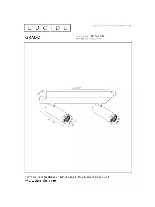 Lucide Lightning Grado Διπλό Σποτ με Ντουί GU10 σε Μαύρο Χρώμα