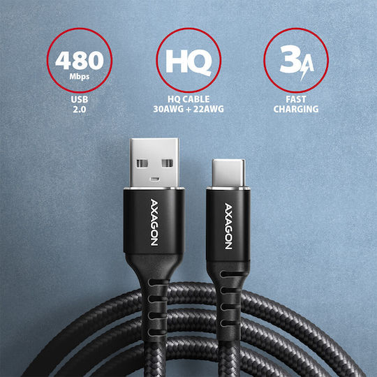 Axagon Braided USB 2.0 Cable USB-C male - USB-A Μαύρο 2m BUCM-AM20AB