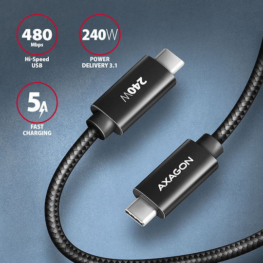 Axagon Cablu USB 2.0 USB-C Masculin - USB-C 240W PD Negru 2m AKAXNTUCM2CM20A