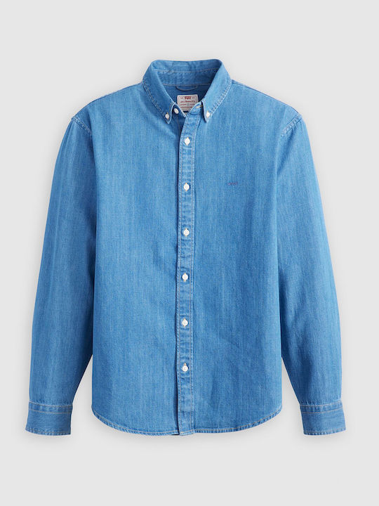 Authentic Buttondown Long-sleeved Denim Shirt in Wide Line Blue