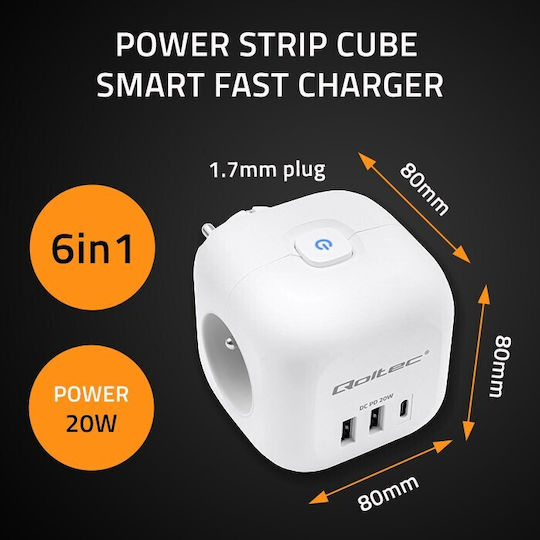 Qoltec Захранваща лента с 2 USB-A, 1 USB-C и Превключвател