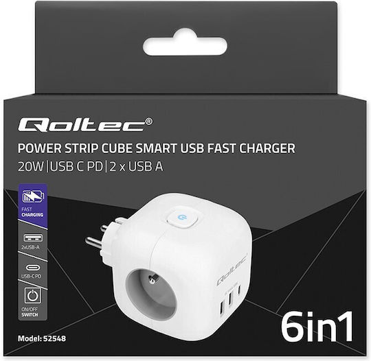 Qoltec Захранваща лента с 2 USB-A, 1 USB-C и Превключвател