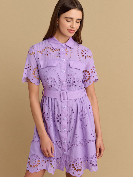 Summer Mini Evening Shirt Dress with Lace Purple
