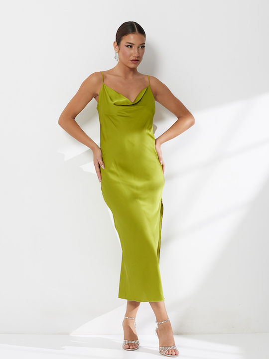Sommer Maxi Abend Damenkleid Slip Dress Satin Drapierung Grün