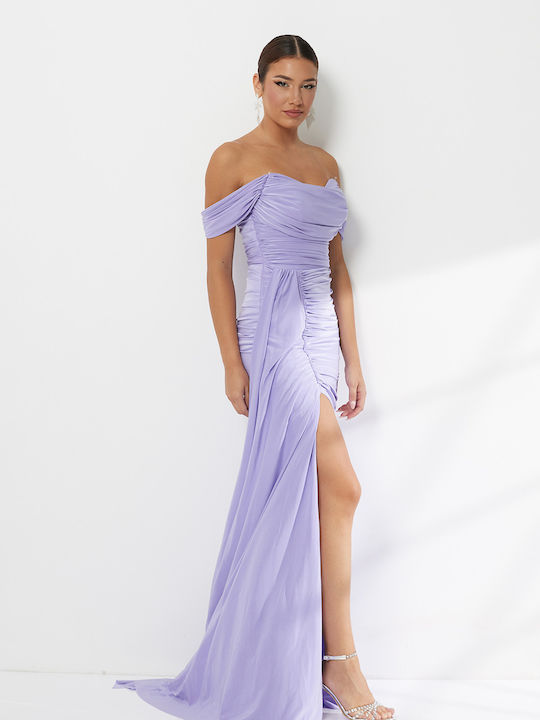 Maxi Evening Drape Dress with Slit Lilac