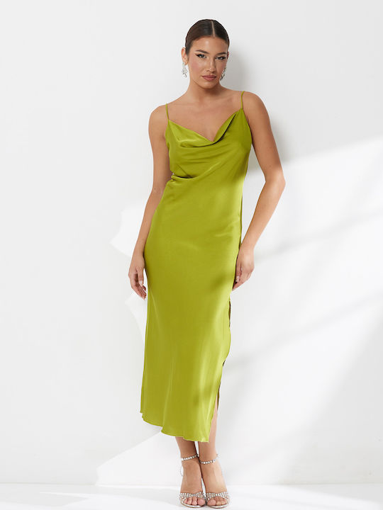 Sommer Maxi Abend Damenkleid Slip Dress Satin Drapierung Grün