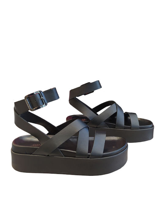Leather Women's Flat Sandals in Black Color