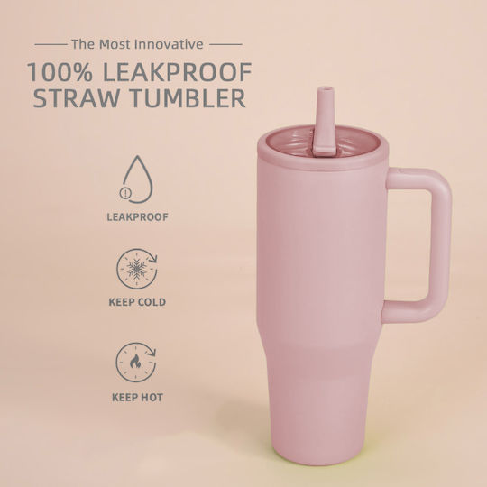 Uncle George Handled Tumbler Θερμός Ανοξείδωτο / Αλουμίνιο BPA Free 1.2lt Καλαμάκι Λαβή Ροζ με Καλαμάκι και Λαβή