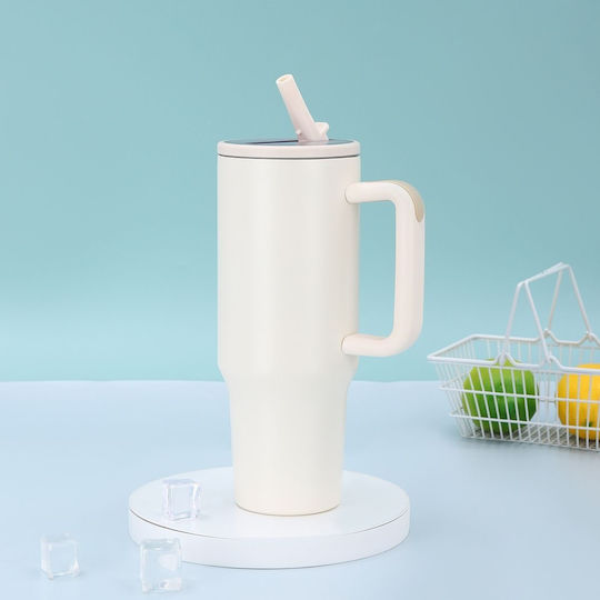 Uncle George Handled Tumbler Thermos Stainless Steel / Aluminum BPA Free 1.2lt Straw Handle White With Straw And Handle