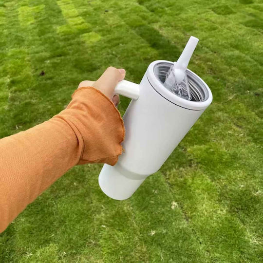Uncle George Handled Tumbler Thermos Stainless Steel / Aluminum BPA Free 1.2lt Straw Handle White With Straw And Handle